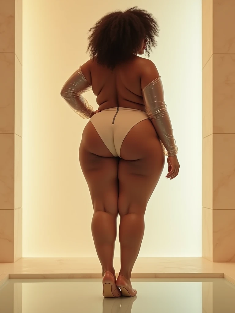 objective, hip dips, IMMENSELY MASSIVE BULGING PROTRUDING BUTTOCKS paired perfectly with world's 🌎 tiniest waist, DSLR, dark skin melanin, 8K UHD, pastel translucent (beige gradient dient tan) leggings, spa room, Vaporwave, elegance, RAW, plastic sleeves, muscular abs, eloquence, skinny waist, generate a master photograph, no nsfw