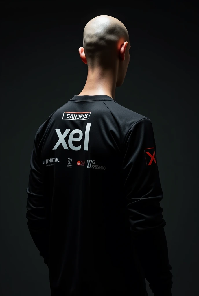 a very close back shot with side pose of a skinny guy without head wearing a black eSports jersey with long sleeves with sponsorships on the back of the jersey and with "XEL" written on the back with medium letters with black background 