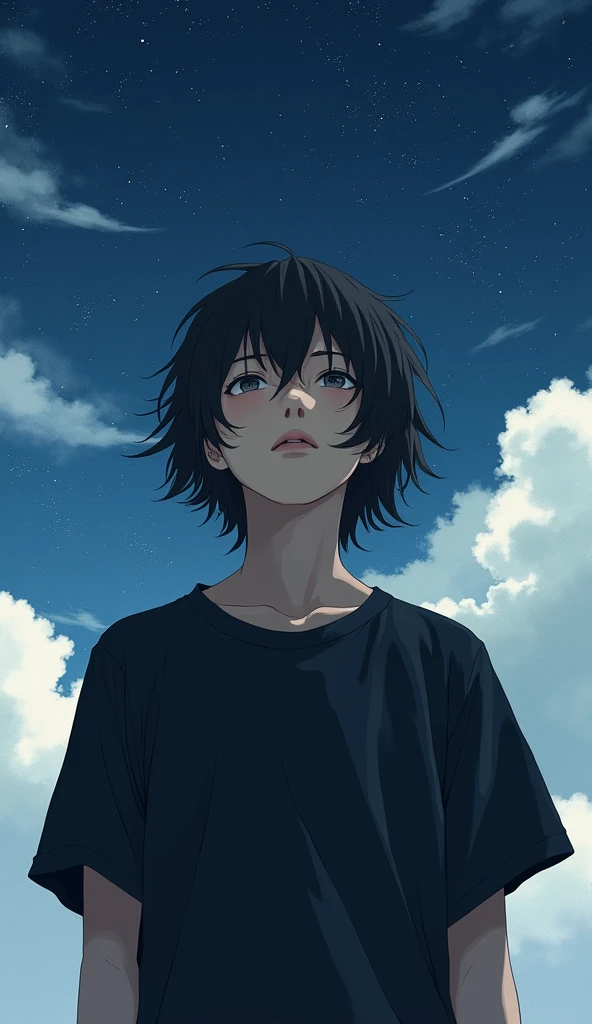 Boy with depression、Japanese、Beautiful Boy、Long Hair、Black T-shirt、Ultra Close-Up、Close-up of face、Real、Starry Sky、Looking up at the sky、Cloudy、Highest quality、Masterpiece