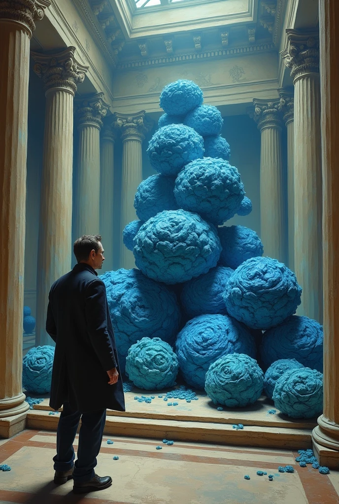 Generate me an image of a painting of Greece with blue cabbages displayed in a museum appreciated by a man