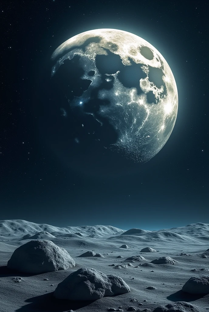 high resolution、high quality、Real、Realistic、Realな質感、Realistic、full moon、Lunar Surface、Round earth、night、Glowing starry sky、universe、