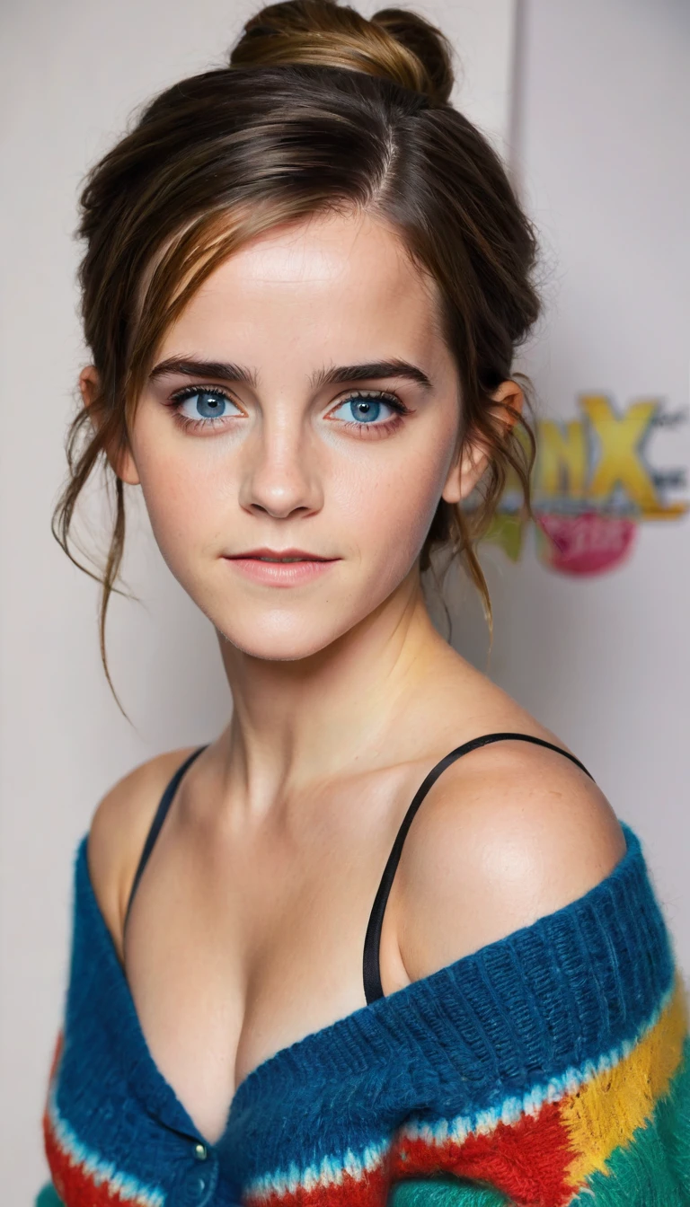 an eye contact of a brunette with hair in a bun, blue colored eyes, ((Emma watson)) 1, Big Breasts, Long Hair:1.5, flirting with the camera, necklase, Off The Shoulder, colorful sweater, topless