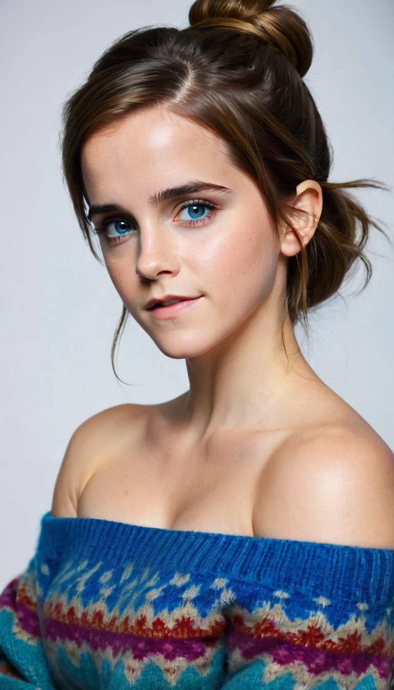 an eye contact of a brunette with hair in a bun, blue colored eyes, ((Emma watson)) 1, Big Breasts, Long Hair:1.5, flirting with the camera, necklase, Off The Shoulder, colorful sweater, topless