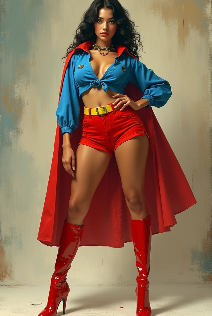 A SEXY BUSTY TEEN FEMALE WEARING A 1970  OPEN V BUTTONLESS FULL LENGTH BLUE PEASANT BLOUSE WITH A SMALL "S"EMBLEM ON THE RIGHT SIDE OF HER CHEST, A PAIR OF RED SHORTS WITH A YELLOW BELT, TALL RED HEELED BOOTS, A SPIKED COLAR,, AND A LONG FLOWING RED CAPE.