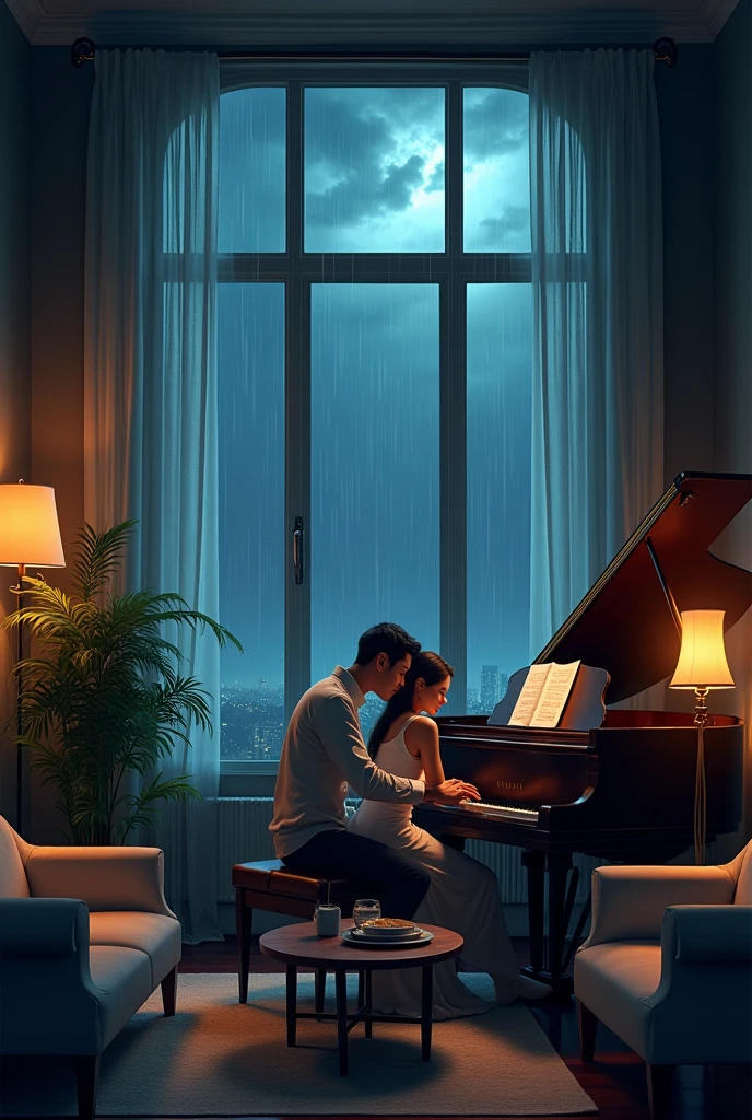 Big living room, cozy with sofas and center table, warm dark lighting, raining outside with thunder, dark night time, beautiful window, man playing an upright piano, women  sitting at side smiling with her head leaned on his shoulder face not visible 
