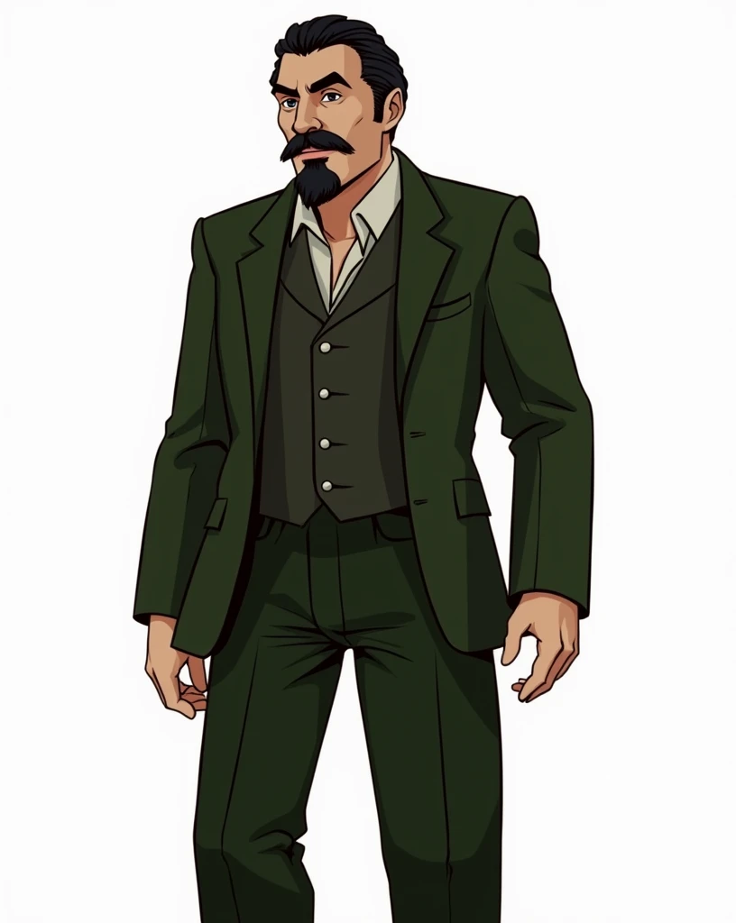 male，middle aged，Uncle，Black short hair，Black beard，Green suit，Layered over a shirt