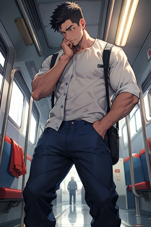 In the morning train, there's a slender and mascular young man in his blue short pants. He is pissing himself. His pants has a pee wet spot at the bulge of his pants . His pee is dropping off from his pants. There's a pee puddle at his feet. He is holding his crotch to stop peeing. He looks ashamed of pissing himself.Anime.