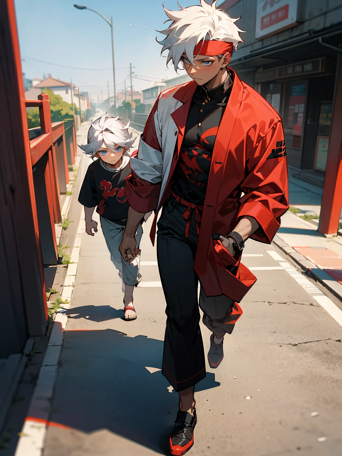 1male , Dark Skin , White Hair , Pale Blue Eyed , Modern Undercut Hair , Messy Hair , Red Headband , Black Two tone Yukata , Red and Silver Markings on clothing , Baggy Pants , Calm Expression, Traditional City Background , Walking on path , Muscular, Young Male