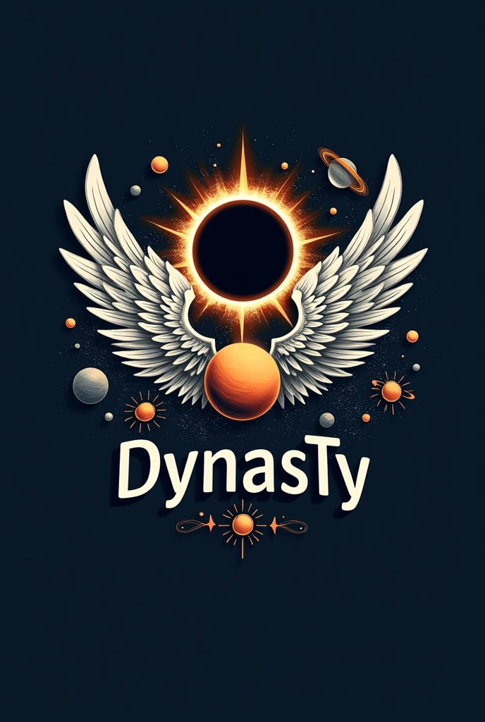 I need you to generate a logo that contains the word DYNASTY, This is from a company that is dedicated to events and receptions with an image with angel wings as a background, only the wings, a background eclipse with surrounding planets and asteroids