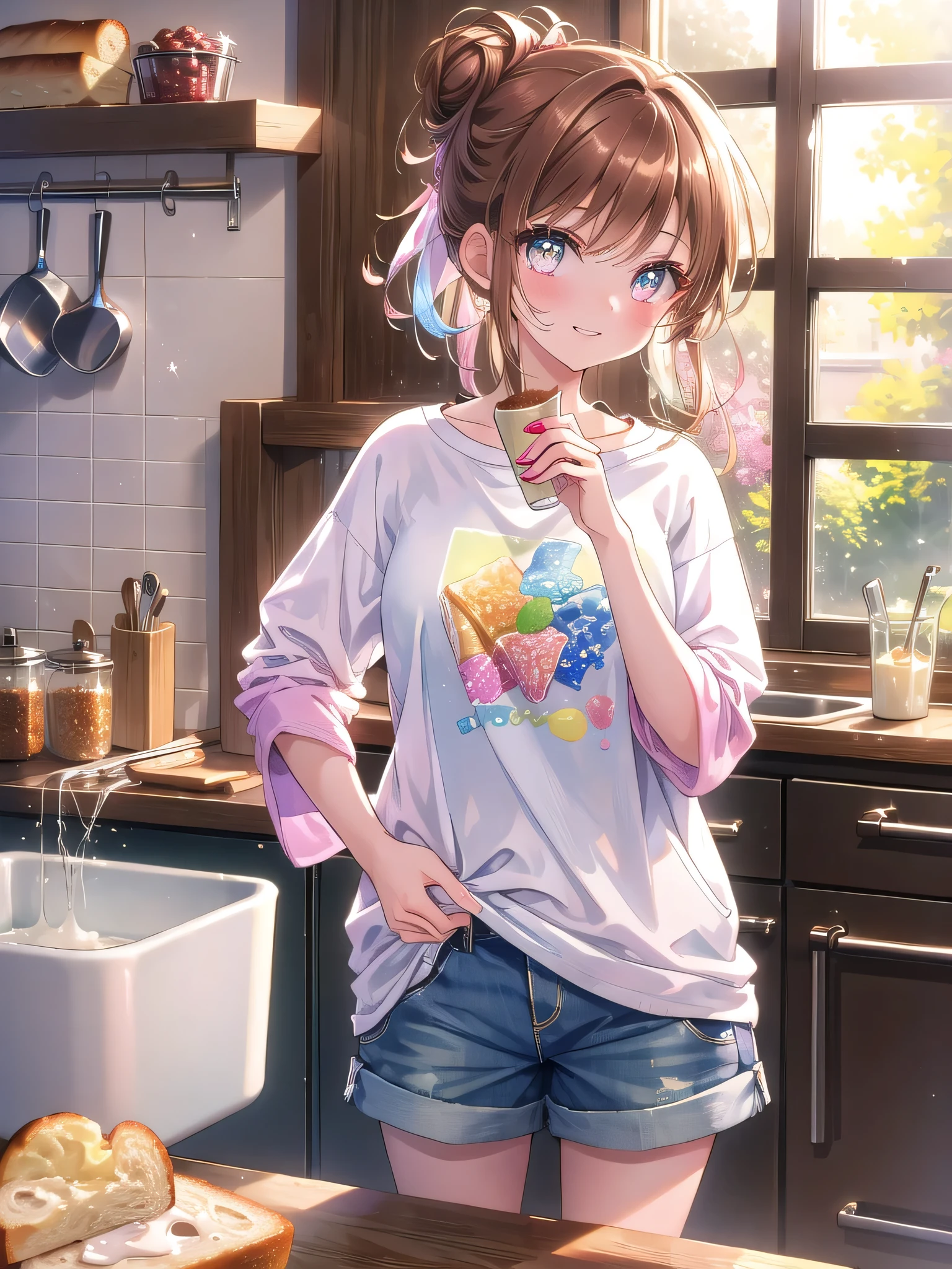 ((8k, Highest quality, masterpiece: 1.3)),Ultra-high resolution,(1 girl, alone), (Color changing eyes, Ultra-detailed, Expressive brilliance, Glitter, Glowing Eyes), Highly detailed eyes, Highly detailed face, Random Hair, ((pastel colour))A young girl with dark, wavy brown hair tied back in a loose bun stands in the kitchen, pouring cereal into a bowl. She’s dressed in a casual, oversized T-shirt with a cute print and pastel-colored shorts. Her expression is playful, with a small smirk on her lips as she looks directly at the camera, a mischievous glint in her eyes. The kitchen is bright and modern, with white countertops and a large window letting in natural light. On the counter beside her, there’s a glass of milk, a spoon, and a few slices of bread on a cutting board. Her free hand is on her hip, adding to her confident demeanor.