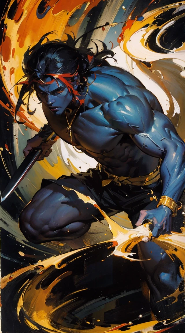 (masterpiece : 1.4), best quality.
Create a stunning oil painting in the style of Bill Sienkiewicz, depicting Ogun, the powerful warrior deity from Haitian Vodou. Ogun should be portrayed as a fierce and majestic figure, with his muscular form wielding a machete, symbolising his role as a protector and enforcer. The painting should incorporate Sienkiewicz's signature style, using bold, chaotic brushstrokes and vivid colours, especially deep reds, blacks, and metallics, to evoke the intense energy and raw power of Ogun. The background should be an abstract swirl of flames, metal, and smoke, giving the impression of a forge or battlefield, blending realism with expressive abstraction.
AddXL