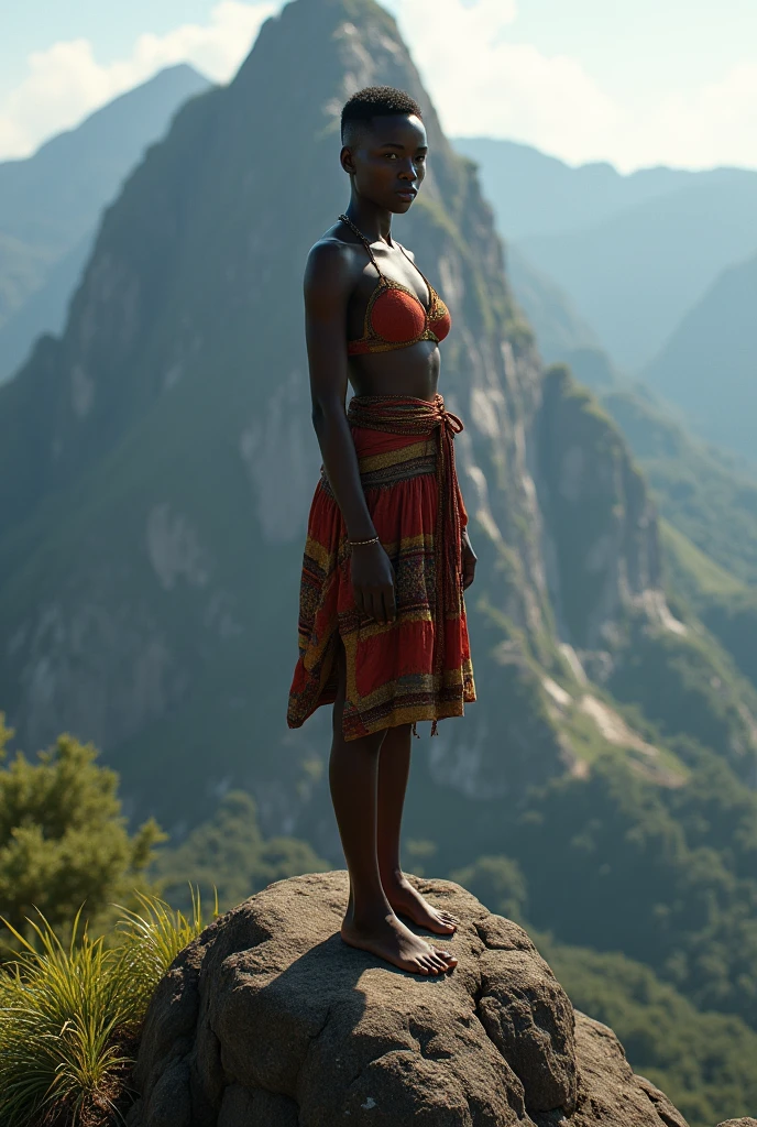 femme africaine ,les cheveux court le regard vers nous ,au sommet d'une montagne
