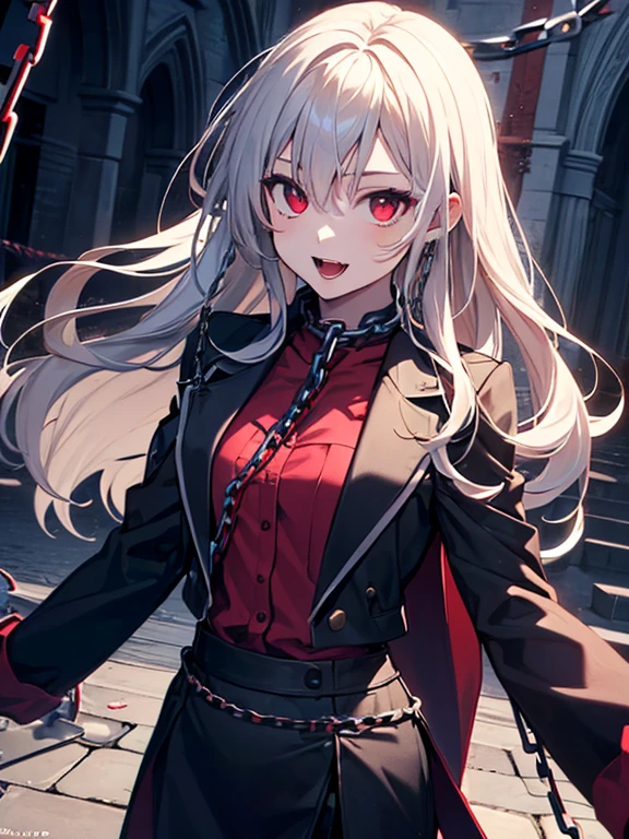(Chains:1.5), (vampire:1.2), The background is a church, cute, Beauty, Tohsaka Rin, (masterpiece), highest quality, 1girl, uhd, retina, masterpiece, ccurate, anatomically correct, textured skin, super detail, high details, high quality, best quality, highres, 4K