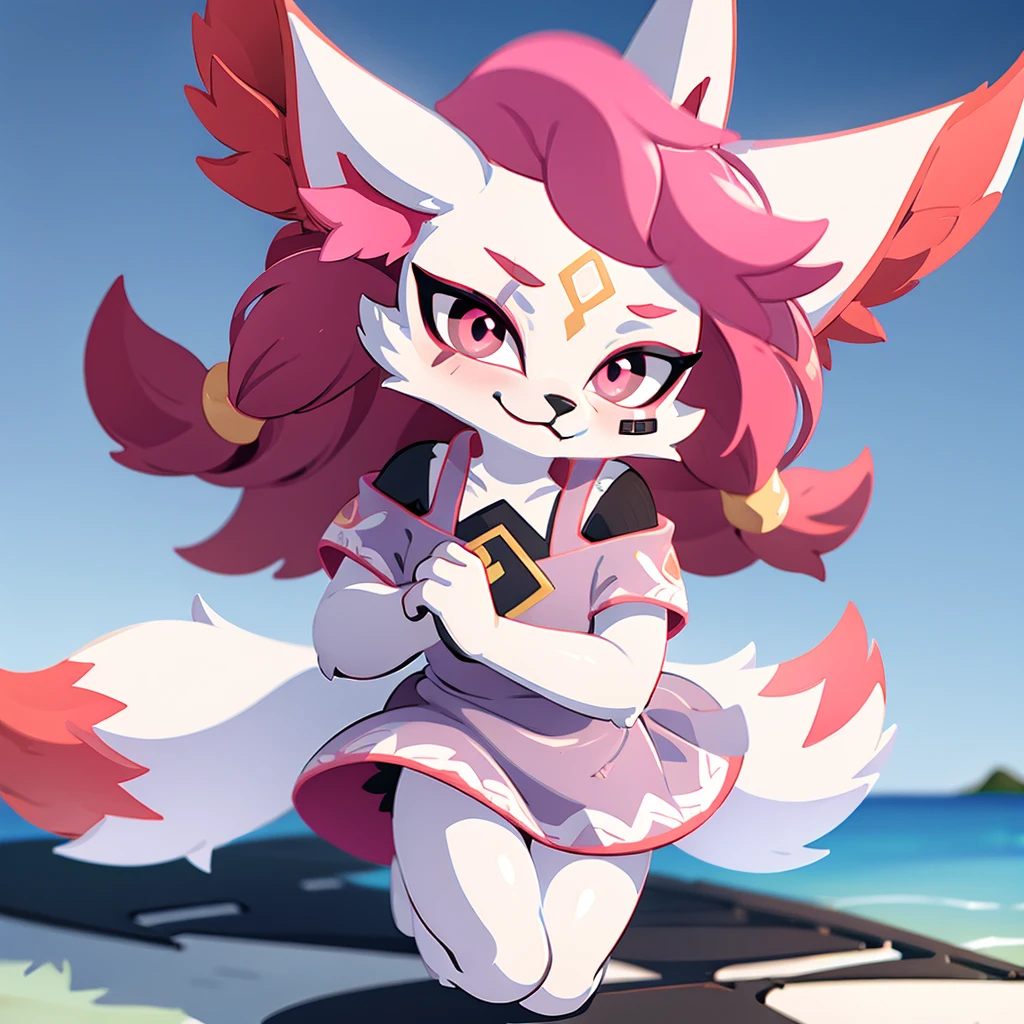 Kimiko, furry female anthro, fox girl, pink dress, smirk