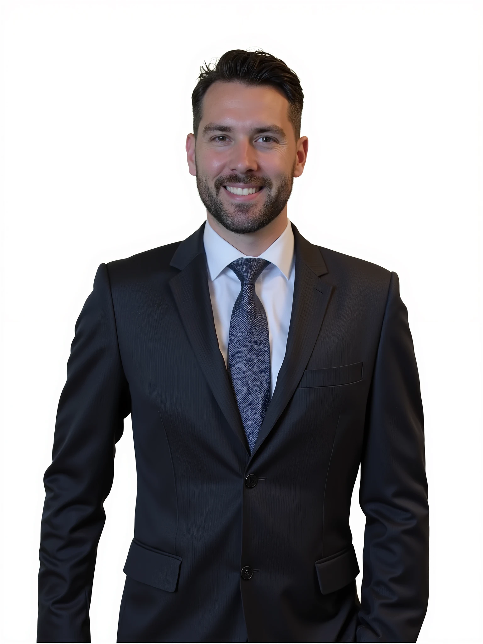A professional man in a classic 3/4 pose, dressed in a dark business suit, appearing in a formal and polished setting. This profile photo is ideal for social media, with the man displaying confidence and sophistication typical of business professionals. The background is simple and slightly blurred to maintain focus on the subject, emphasizing his business attire and poised demeanor.