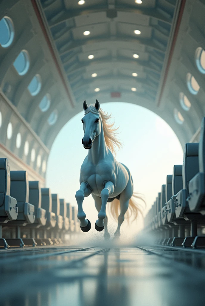 A horse with white color runs on a airplane