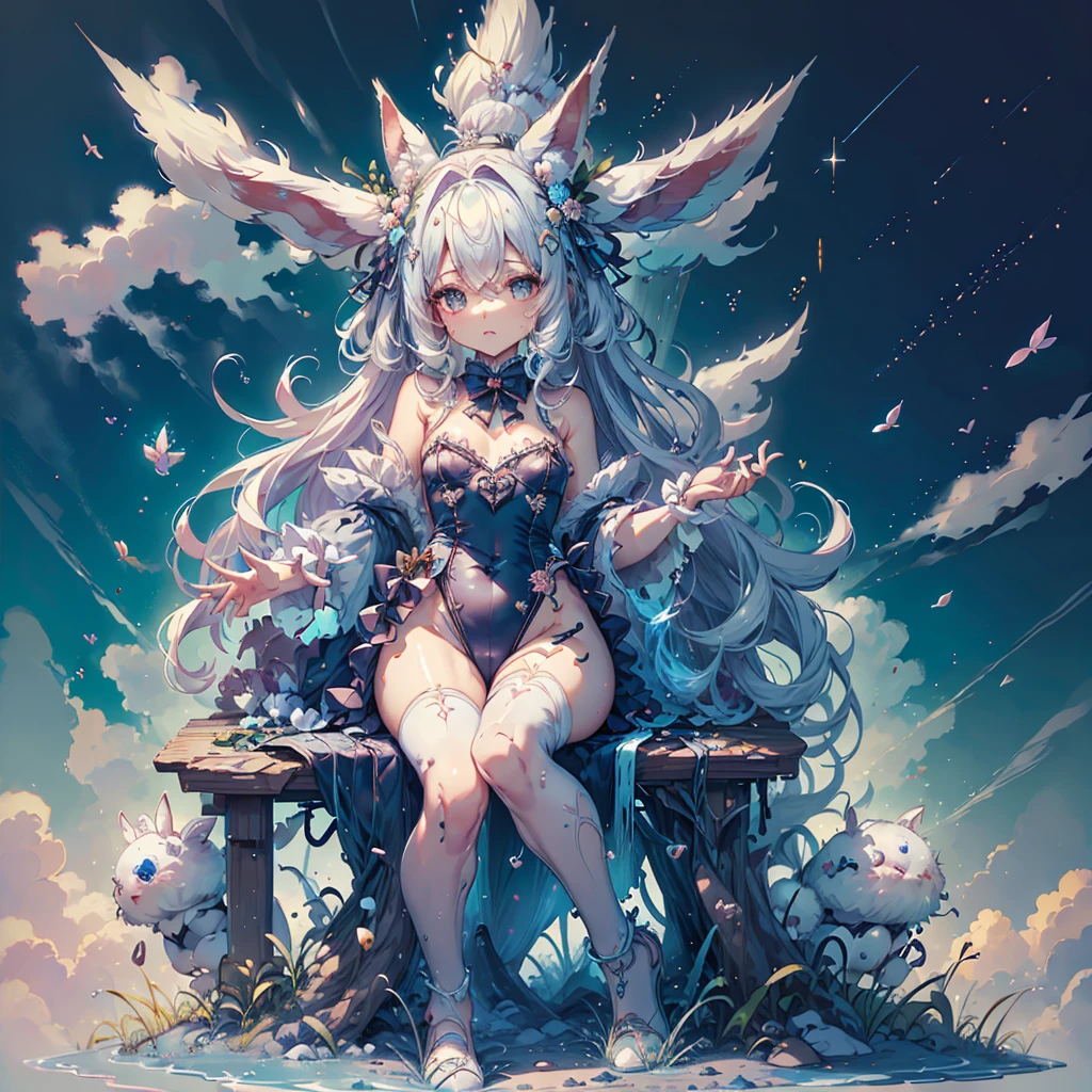 Perfect Anatomy、Perfect human body、Super detailed、Highest quality、Masterpiece、Award-winning works、A cute little guy wearing a rabbit costume、fluffy、Loose、pastel colour、Highest quality、Masterpiece、Milky white hair color、kawaii tech,Unique and cute outfits、