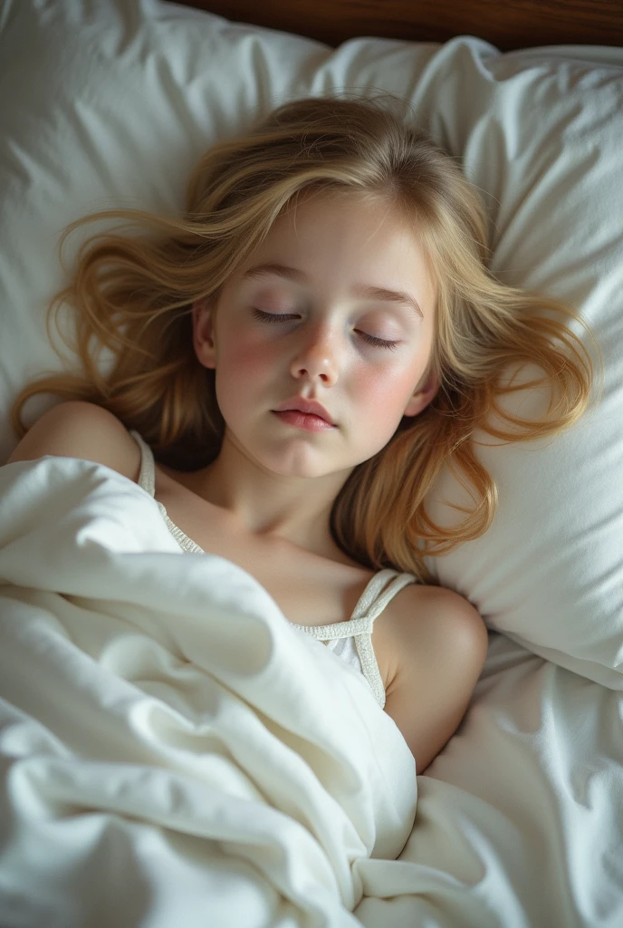 Young girl , blonde hair, laying on bed, high detail, realistic photo