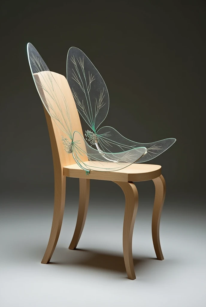 Imagine the chair with the existing design, that mixes elements of the Shaker style with Art Nouveau, com linhas suaves e curvas elegantes. sada, at the feet of the chair, instead of continuous and circular lines, let's incorporate dragonfly wings.
The wings could be delicately stylized, made of a transparent, iridescent material, similar to glass or acrylic, to mimic the natural appearance of a dragonfly's wings. These wings would extend from the legs of the chair outwards., creating an effect of lightness and movement, as if the chair was about to take flight.
The wings could have engraved or carved details, like veins or textures, that resemble the real structure of a dragonfly's wings. Furthermore, the wing structure could be reinforced with a thin, elegant metal, to ensure that they are both decorative and functional.
This design would create a piece that combines natural elements with a futuristic and artistic touch., maintaining the essence of the chair's original style.