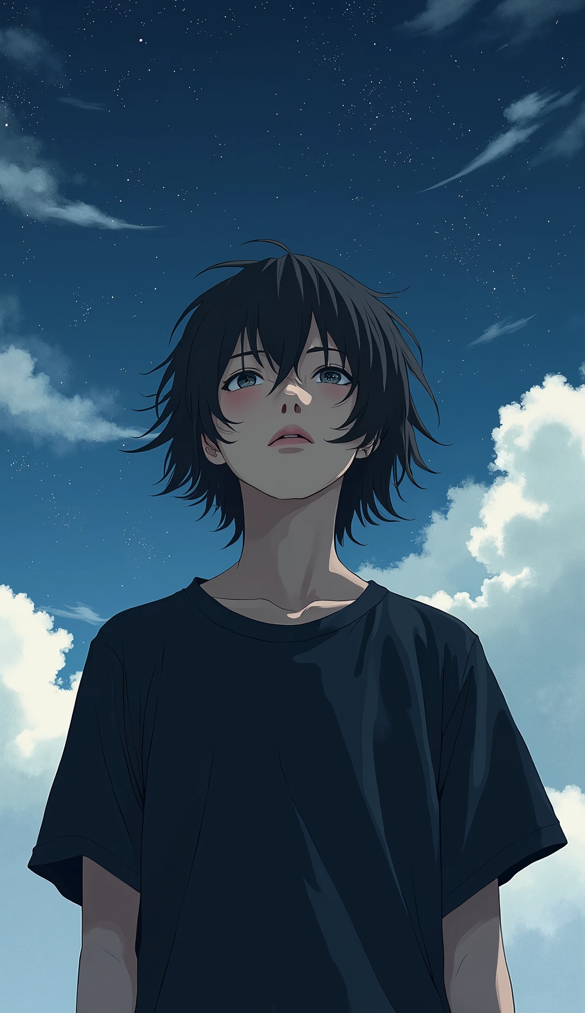 Boy with depression、Japanese、Beautiful Boy、Long Hair、Black T-shirt、Ultra Close-Up、Close-up of face、Real、Starry Sky、Looking up at the sky、Cloudy、Highest quality、Masterpiece