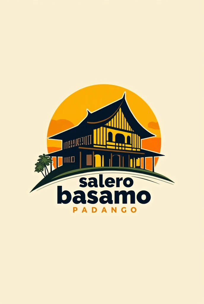 logo, traditional Padang house, yellow and orange, black lines, typography "Salero Basamo"