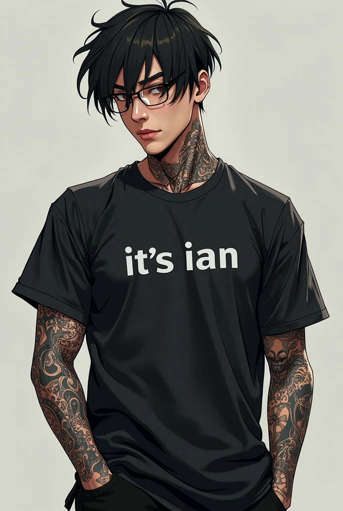 Dark tattooed anime character gamer chinese man with the letters "It's ian" on the t-shirt