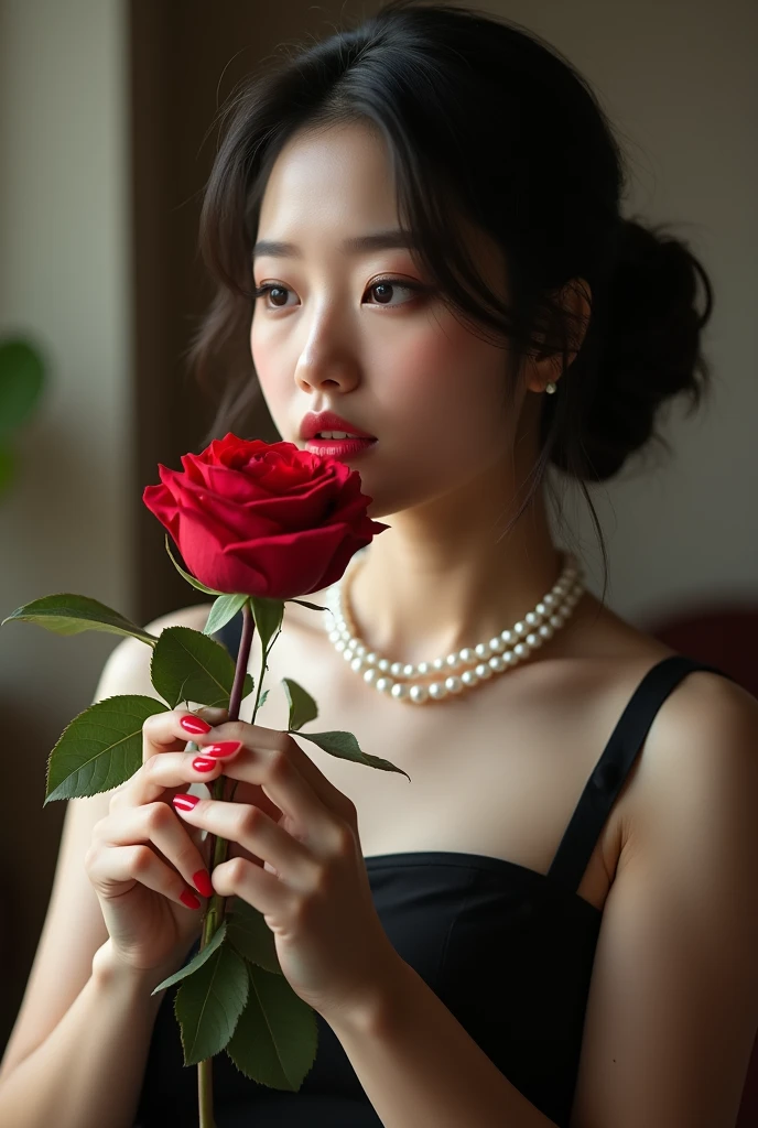 Photography，HD，Real People，An Asian girl holding a red rose in her hand，Smell the flowers，The movements are natural and elegant，1，Slightly fat，Red nails，Beautiful facial features，Exquisite makeup，Exquisite eyes，Eye details，Dark eyeshadow，Pearl Necklace，Black suspender skirt，Shoulder，arm，Soft light and shadows indoors，Rich details