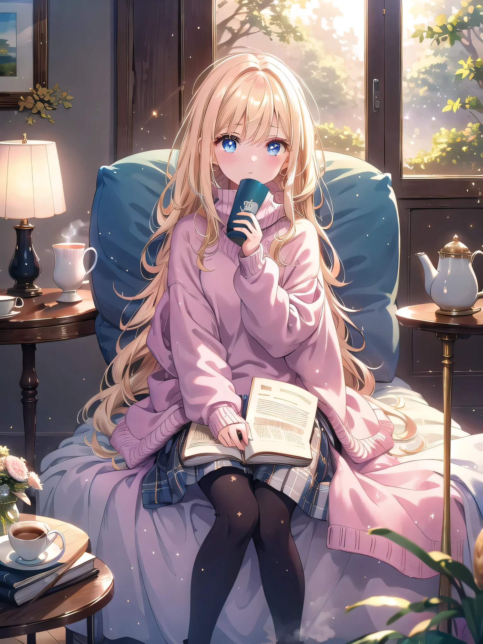 ((8k, Highest quality, masterpiece: 1.3)),Ultra-high resolution,(1 girl, alone), (Color changing eyes, Ultra-detailed, Expressive brilliance, Glitter, Glowing Eyes), Highly detailed eyes, Highly detailed face, Random Hair, ((pastel colour))A young girl with long, straight blonde hair sits cross-legged on a plush couch, holding a book in her hands. She’s wearing a cozy, light pink sweater and leggings. Her expression is one of calm focus, her blue eyes wide and serene as she looks up from her book to meet the viewer's gaze. The room is warmly lit, with a soft throw blanket draped over the arm of the couch and a few decorative pillows adding to the coziness. A small coffee table in front of her holds a steaming cup of tea and a small plate of biscuits, contributing to the tranquil atmosphere.