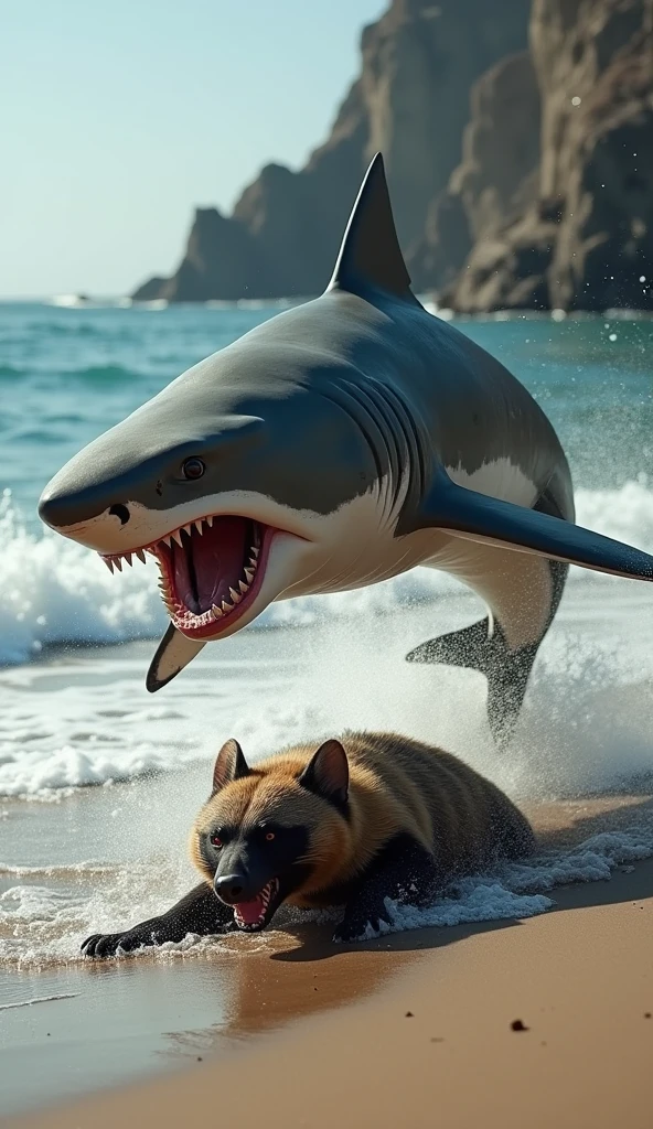 Great white shark jumping on a dead Honey Badger that it fought by the sea shore