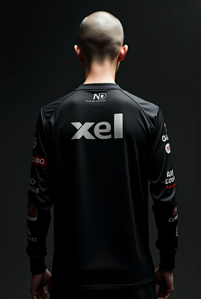 a very close back shot with side pose of a skinny guy without head wearing a black eSports jersey with long sleeves with sponsorships on the back of the jersey and with "XEL" written on the back with medium letters with black background