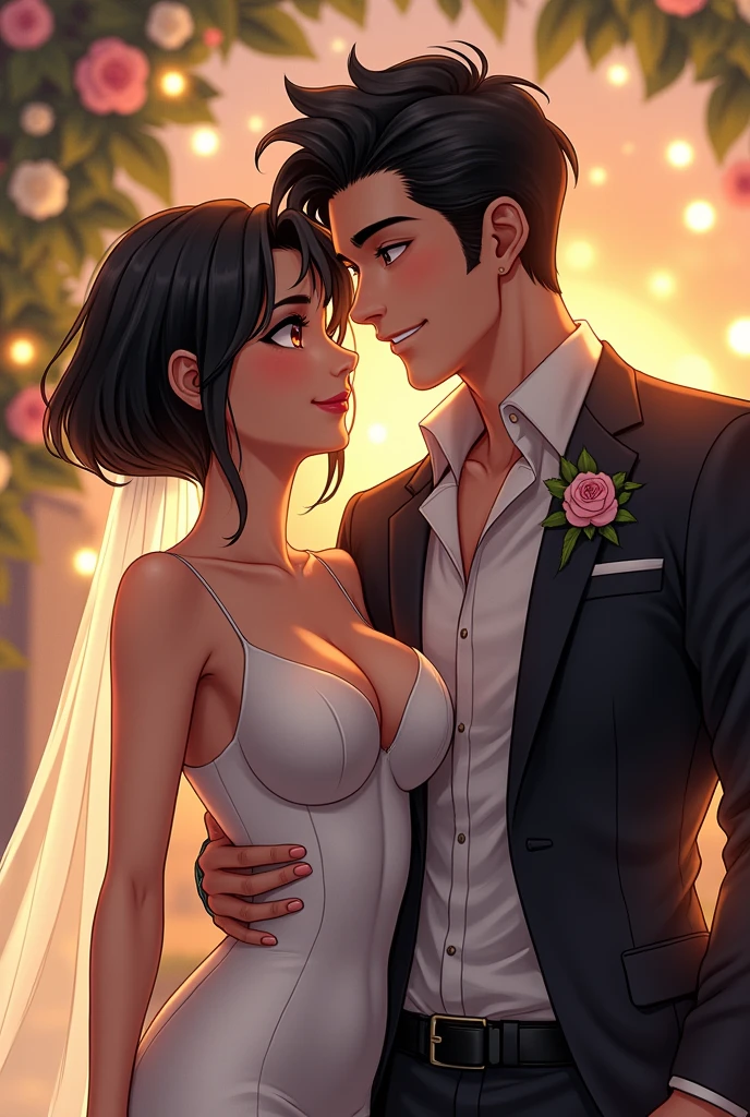 Jason and Bee in their wedding dresses. Bee's dress was quite tight and revealing.They look very happy.
Jason :male,White man, black hair,blue eyes, He looks handsome and cool.rough
Bee:A girl with short hair, black hair, brown eyes she fair skin, huge breasts,beautiful, sexy