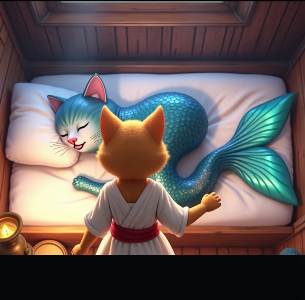A whimsical illustration featuring a cat character dressed in a white tunic and red belt, standing over a bed. In the bed, a sleeping mermaid with a fish tail and cat-like features rests on a pillow, while a soft glow from a nearby lantern illuminates the scene. The setting has a cozy, rustic feel, with wooden walls and a serene atmosphere. Cinematic style hyperrealistic, high quality, ultra realistic, high quality portrait, Cinematic Background,