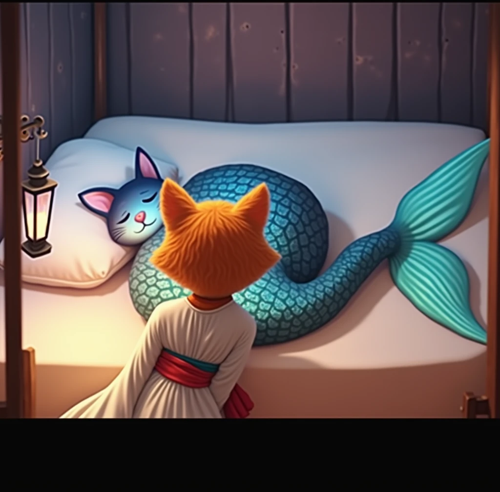 A whimsical illustration featuring a cat character dressed in a white tunic and red belt, standing over a bed. In the bed, a sleeping mermaid with a fish tail and cat-like features rests on a pillow, while a soft glow from a nearby lantern illuminates the scene. The setting has a cozy, rustic feel, with wooden walls and a serene atmosphere. Cinematic style hyperrealistic, high quality, ultra realistic, high quality portrait, Cinematic Background,