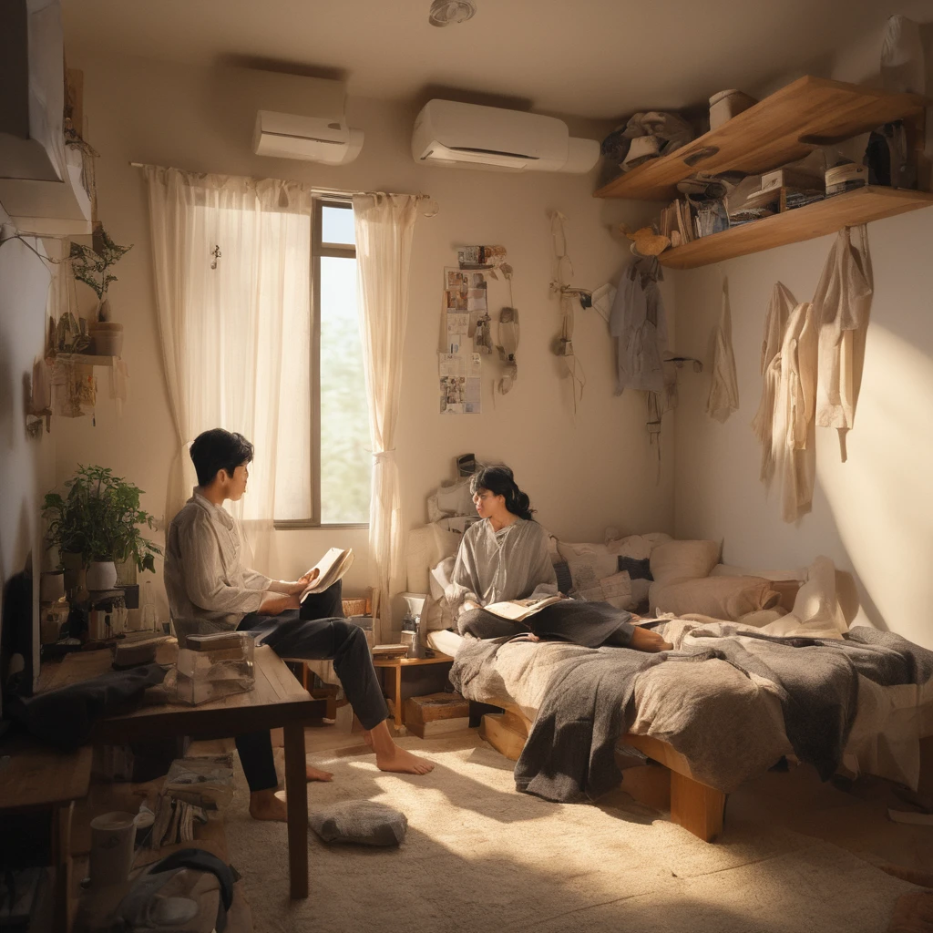 Highest quality, Very detailed,
JJ Room, scenery, indoor, window, Sitting, bed, curtain, Black Hair, bedroom, pants, barefoot, shirt, pillow, Chair, Long sleeve, Book, sofa, table, 
 
