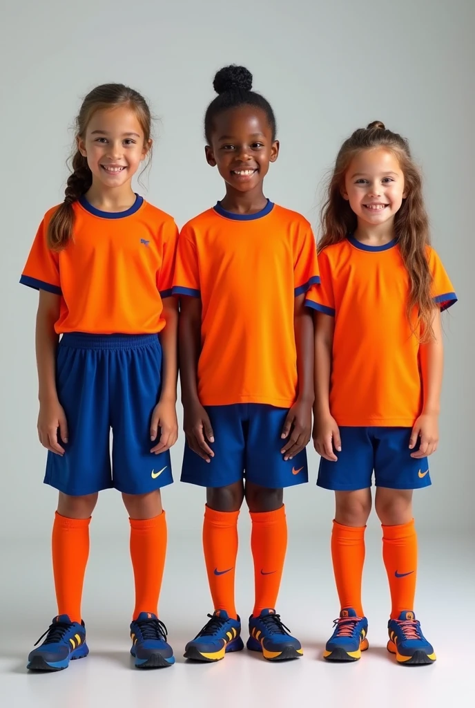 
Create 5 sports uniform models for  children, of  with orange as the predominant color and blue as a complement showing the children in front and back view