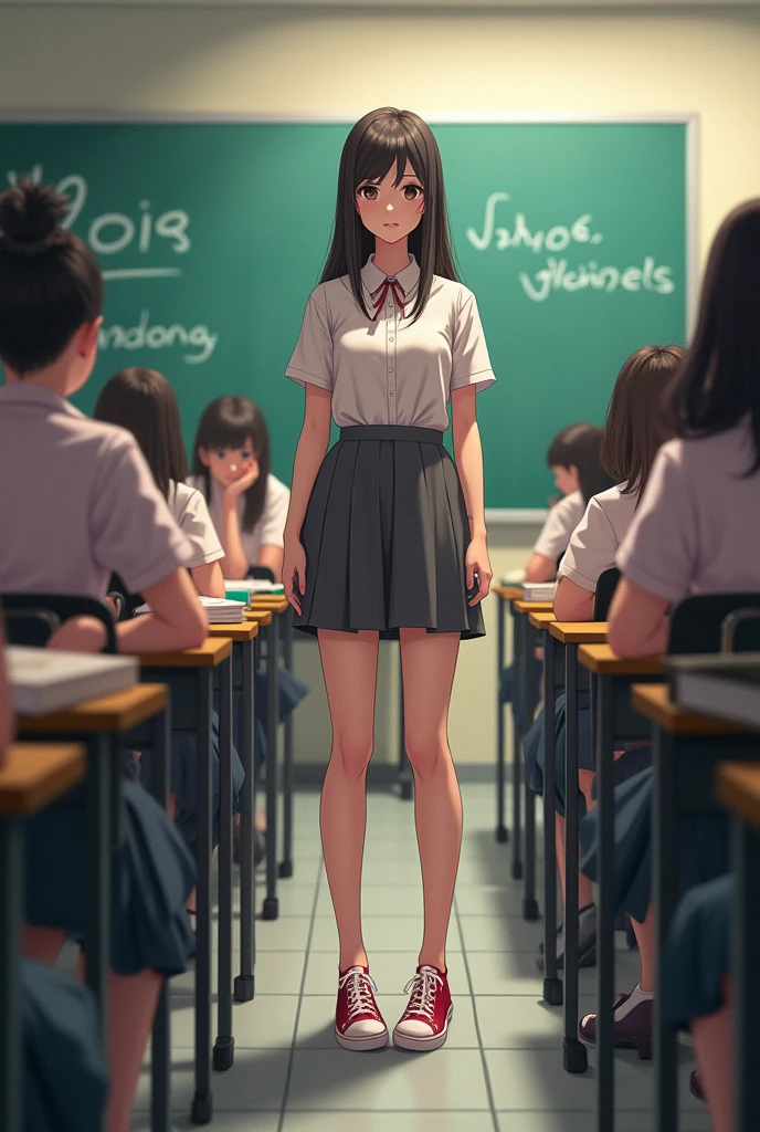 student girl wearing only shoes in class full of other students