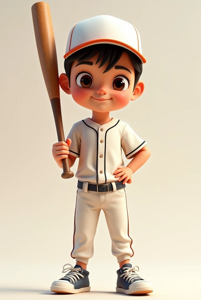 Very cute boy baseball player holding bat in hand baseball player white hat jersey sneakers very cute smiling looking at the audience
( perfect anatomy ) Beautiful and extremely fine texture,detailed, bright, Animation style high definition and high quality presentation
