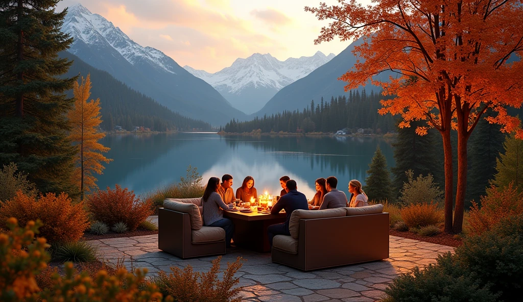 detailed realistic backyard,dinner setting,sofas,lake,snow-covered mountains in background,dramatic lighting,warm golden hour lighting,autumn foliage,vibrant colors,photorealistic,highly detailed,8k,masterpiece