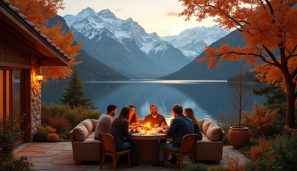 detailed realistic backyard,dinner setting,sofas,lake,snow-covered mountains in background,dramatic lighting,warm golden hour lighting,autumn foliage,vibrant colors,photorealistic,highly detailed,8k,masterpiece
