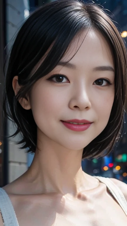 Cute wife、1 person,Slim face ,8k,Super Realistic image quality,Dynamic Shadows,Sparkling eyes,Clear black eyes,Cinema Lighting,Dark back alley,night,Darkness of the city,suit, ((face close up:1.5)),((Smile)),((Random short hair)),((Very short bangs)),close, 8k, RAW Photos, Highest quality, masterpiece,Realistic, photo-Realistic,