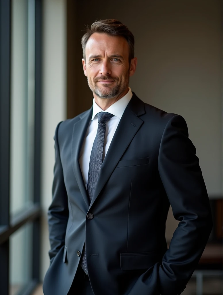A professional man in a classic 3/4 pose, dressed in a dark business suit, appearing in a formal and polished setting. This profile photo is ideal for social media, with the man displaying confidence and sophistication typical of business professionals. The background is simple and slightly blurred to maintain focus on the subject, emphasizing his business attire and poised demeanor.