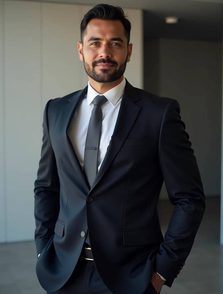 A professional man in a classic 3/4 pose, dressed in a dark business suit, appearing in a formal and polished setting. This profile photo is ideal for social media, with the man displaying confidence and sophistication typical of business professionals. The background is simple and slightly blurred to maintain focus on the subject, emphasizing his business attire and poised demeanor.