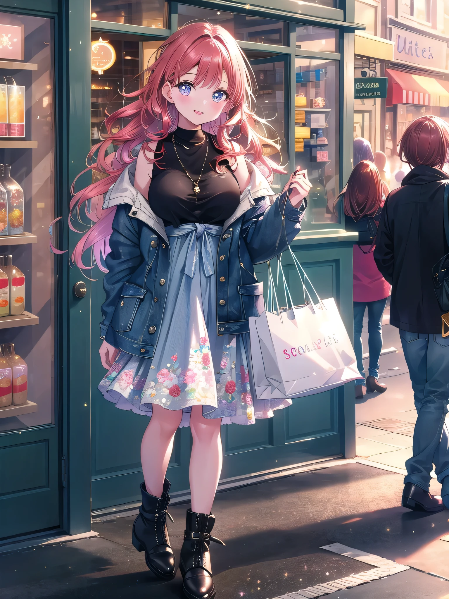 ((8k, Highest quality, masterpiece: 1.3)),Ultra-high resolution,(1 girl, alone), (Color changing eyes, Ultra-detailed, Expressive brilliance, Glitter, Glowing Eyes), Highly detailed eyes, Highly detailed face, Random Hair, ((pastel colour))A young girl with shoulder-length auburn hair, styled in loose waves, stands in front of a shop window, holding several shopping bags. She’s dressed in a trendy outfit—a denim jacket over a floral dress, paired with ankle boots. Her expression is one of excitement, her eyes wide and her lips parted in a delighted smile as she looks at the camera, as if she’s about to show off her new purchases. The background features a busy shopping street, with people walking by and other stores lining the sidewalk. The scene is vibrant, filled with the energy of a lively day out.