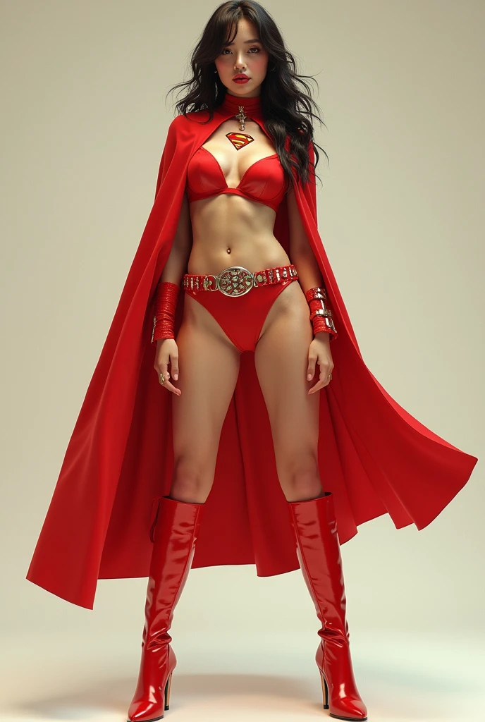 A SEXY BUSTY FEMALE WEARING A 1970'S OPEN BUTTONLESS FULL LENGTH BLUE PEASANT BLOUSE WITH A SMALL "SUPERMAN" EMBLEM ON THE RIGHT SIDE OF HER CHEST, A PAIR OF RED SHORTS WITH A YELLOW BELT, TALL RED HEELED BOOTS, AND A LONG FLOWING RED CAPE.