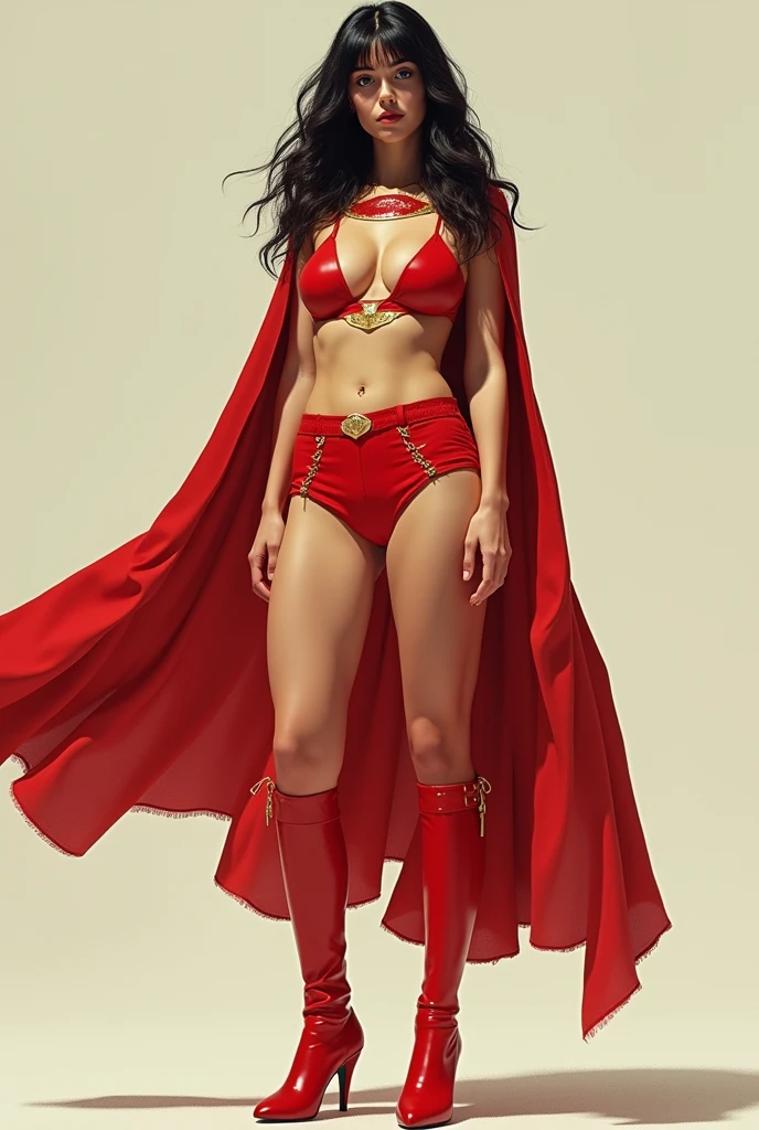A SEXY BUSTY FEMALE WEARING A 1970'S OPEN BUTTONLESS FULL LENGTH BLUE PEASANT BLOUSE WITH A SMALL "SUPERMAN" EMBLEM ON THE RIGHT SIDE OF HER CHEST, A PAIR OF RED SHORTS WITH A YELLOW BELT, TALL RED HEELED BOOTS, AND A LONG FLOWING RED CAPE.