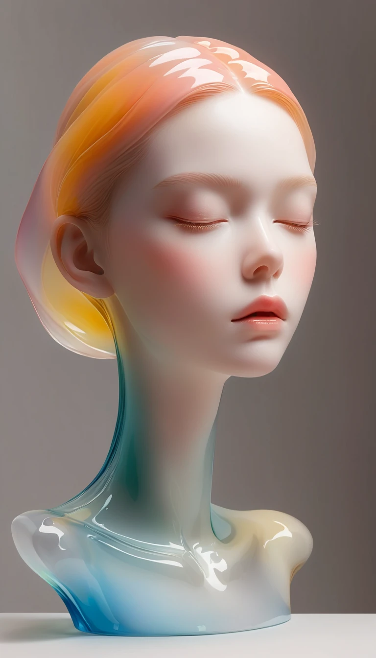 A 3D portrait sculpture is placed on a central stand..，simple，minimalism，Beautiful girl，Soft and elegant colors，Colored glass transparent