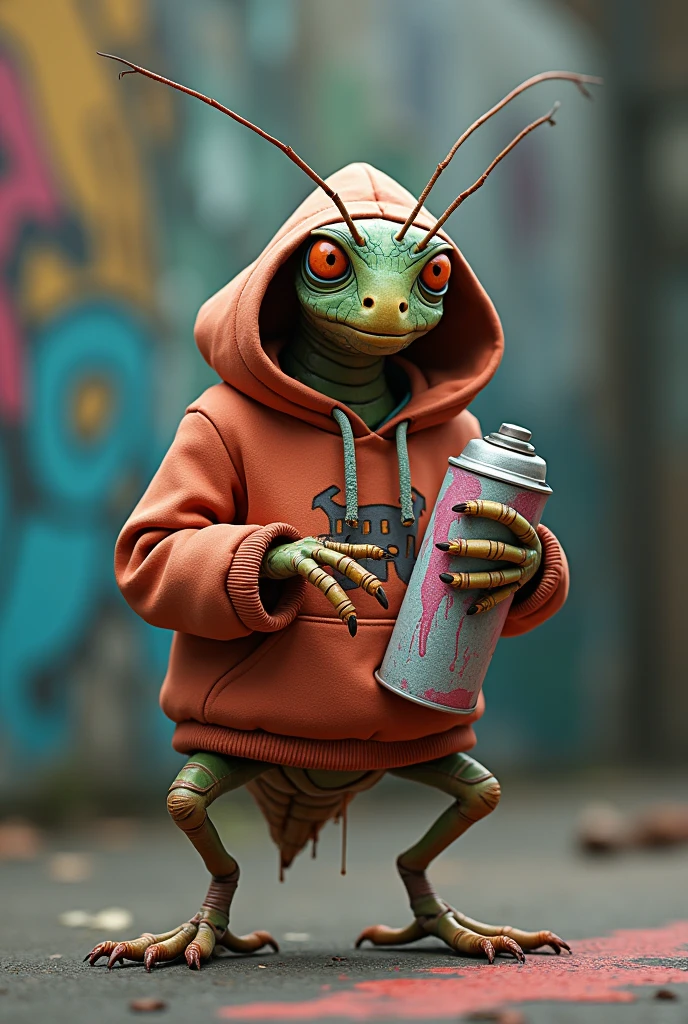 Create a cricket wearing a sweatshirt and a can of graffiti on one of its limbs 