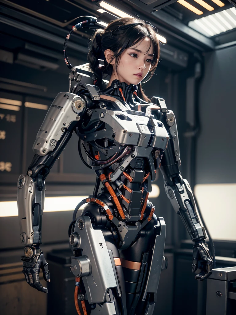 Wiring piping weapon background、Cyborg Robot、Wear、mechanical background、Wires from the cockpit、masterpiece、Cute female mechanical limbs, Tubes connected to machine parts, Mechanical vertebrae attached to the spine, Mechanical cervical attachment to the neck, Wires and cables connected to the head, Global Illumination, Deep Shadow, Octane Rendering, 8k, Ultra Sharp, Metal, Intricate decorative details,, Very intricate details, Ultimate Weapon、shoulder machinery　Shoumai Machinery、Arm Machine、Half Face Robot、顔半分Metalパーツ、Half cyborg、Cable from head、Cable from the foot、