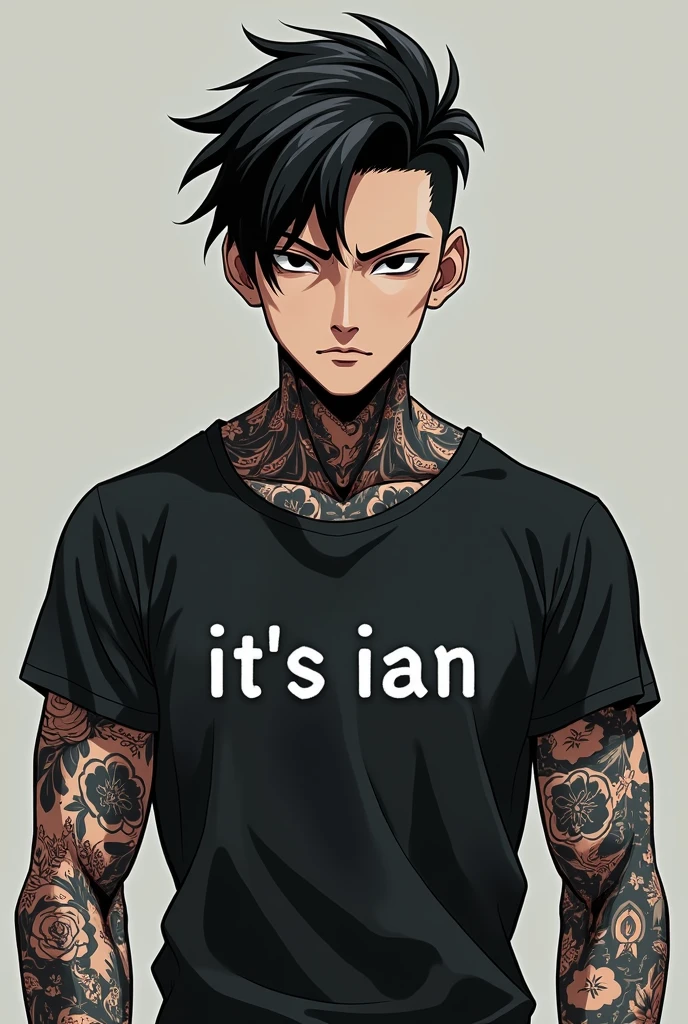 Dark tattooed anime character gamer chinese man with the letters "It's ian" on the t-shirt