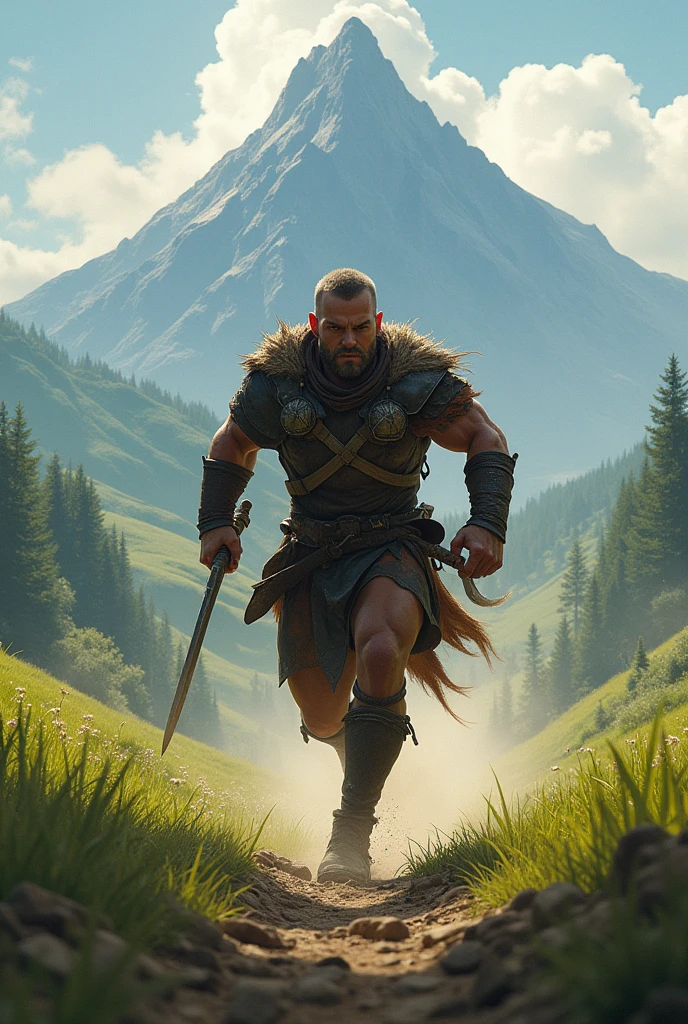 a villagewarrior running to the mountain